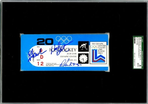 1980 Lake Placid Olympic Ice Hockey Ticket Signed By Broten, McClanahan & Verchota (SGC)